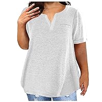 Womens Plus Size Tops Henley Casual Shirts Pocket Short Sleeve Solid Color Dressy Blouses V Neck Summer Clothes