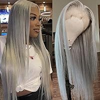 Grey Lace Front Wigs Wear and Go Wig Pre Plucked Long Straight Hair Wig Glueless Gray Wigs Silver Ready to Wear Wigs Heat Resistant Synthetic Lace Front Wigs for Fashion Women