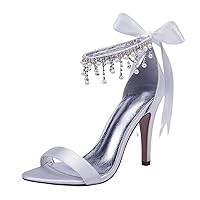 Womens Pendant Rhinestones Heeled Sandals Silver Satin Wedding Bride Dress Party Evening Shoes 10.5CM Job Shoes