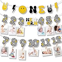 One Happy Dude Birthday Decorations 1st Photo Banner Happy Hippie Yellow Smile Face One Birthday Hanging Paper Milestone Banner Supplies for First Birthday Party Boys Girls Baby Shower Decor