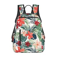 Vegetation Leaves With Hibiscus Flowers Print Large-Capacity Backpack, Simple And Lightweight Casual Backpack, Travel Backpacks