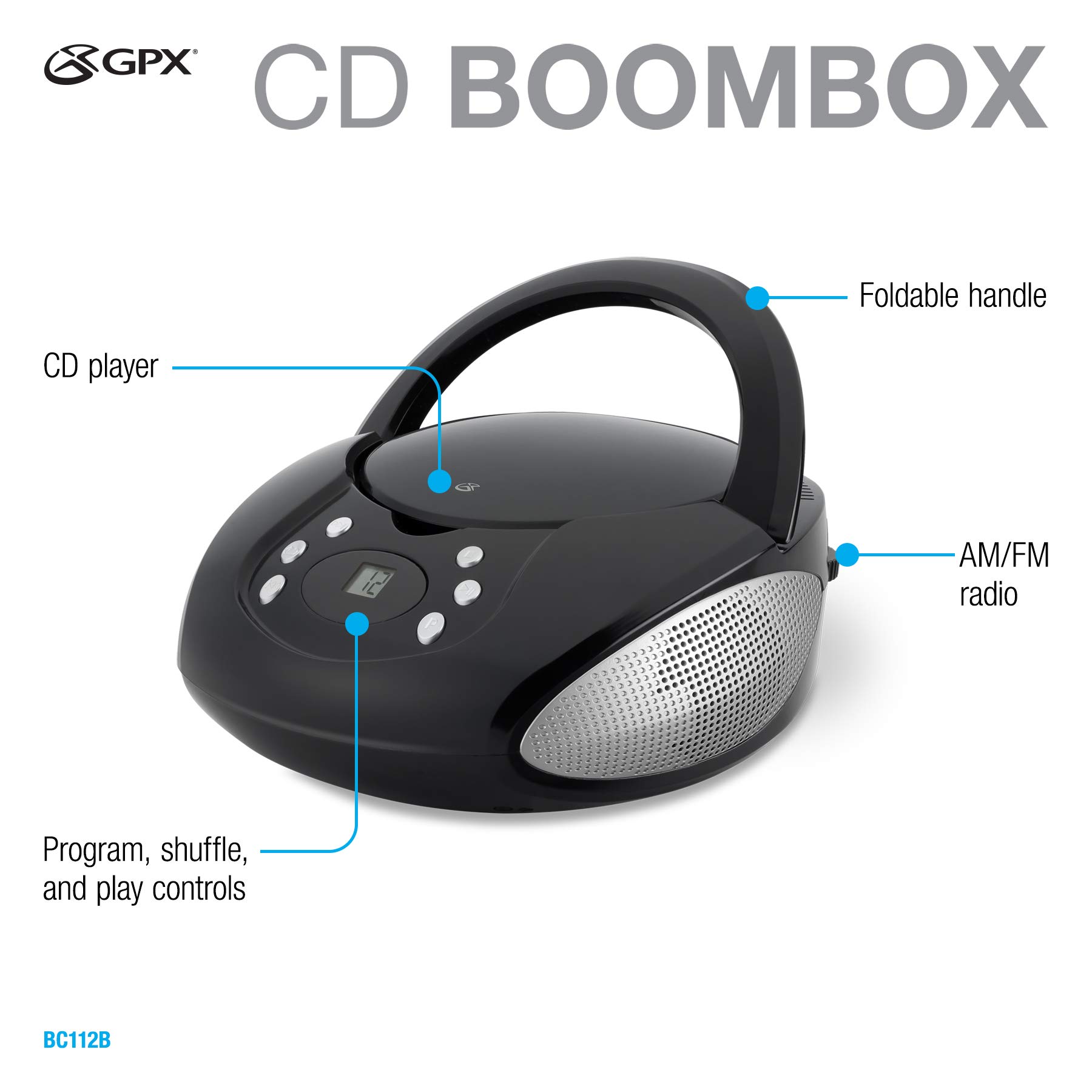 GPX, Inc. Portable Top-Loading CD Boombox with AM/FM Radio and 3.5mm Line In for MP3 Device - Black, Single