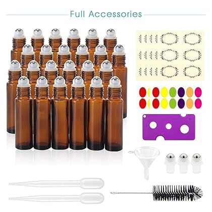 mavogel 24, 10ml Roller Bottles for Essential Oils - Amber, Glass with Stainless Steel Roller Balls (3 Extra Roller Balls, 54 Pieces Labels, Opener, Funnel, Dropper, Brush Included)