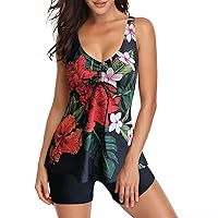 Swimsuit Cover Ups for Women Plus Size 2X Tankini Set Two Piece Bathing Suit Two Piece Swimsuits with Shorts (B-Red, S)