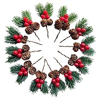 12 Pcs 3.5in Christmas Pine Cones Branch, Red Holly Berry Pine Needles Picks for Christmas Wreath Gift Party