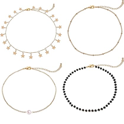 Lateefah Gold Star Pearl Choker Necklace -4 Pieces Set Dainty Pendant Handmade Necklace for Women Girls