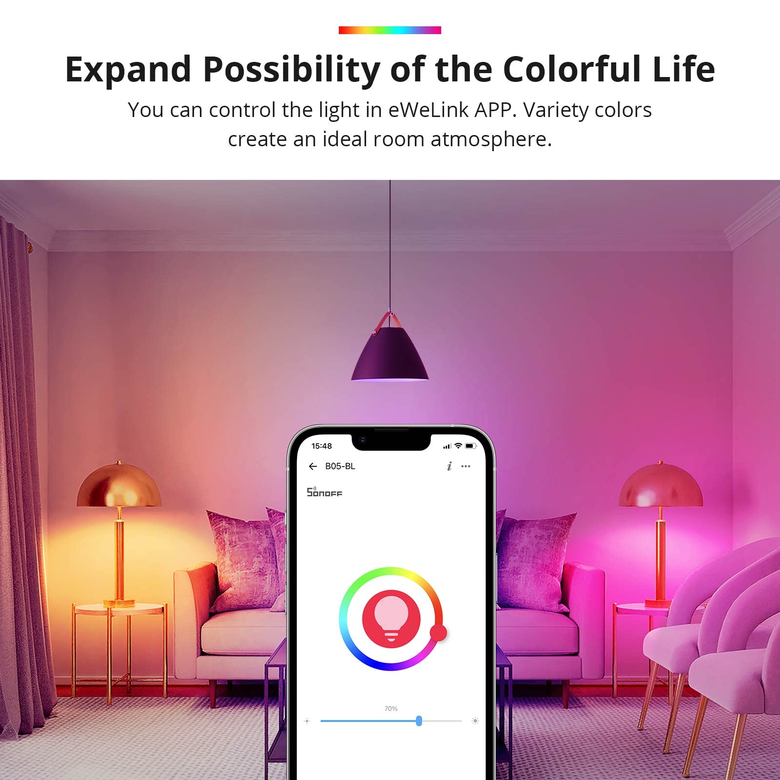 SONOFF B05-BL-A19 Wi-Fi Smart RGB Bulb 9W Variable Color, 2700K - 6500K Brightness Adjustable Color Temperature, APP Remote Control, Work with Alexa and Google Assistant (1 Pack)