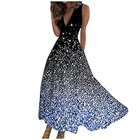Maxi Dress Ladies Loose Sleeveless Outdoor V Neck Womens Weekend Retraction Printed 2024 Boho Summer Waist Long Dress