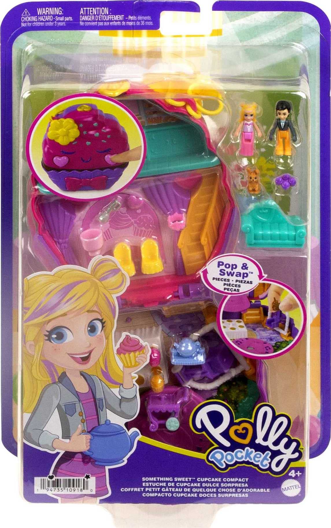 Polly Pocket Compact Playset, Something Sweet Cupcake with 2 Micro Dolls & Accessories, Travel Toys with Surprises