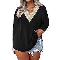 Plus Size Top for Women Lace V Neck Long Sleeve Blouse Trendy Cute Loose Solid Color Shirt