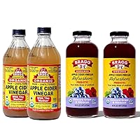 Bragg Organic Apple Cider Vinegar With the Mother 16 Ounce 2 Pack and Bragg Organic Apple Cinnamon Vinegar Drink 16 Ounce 2 Pack Bundle