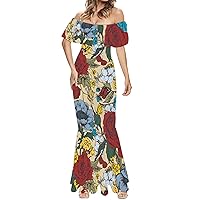 Flower Printed Midi Dresses Split Short Sleeve Off The Shoulder Plus Size Maxi Dresses