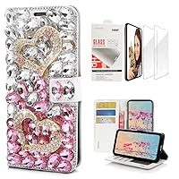 STENES Bling Wallet Phone Case Compatible with iPhone 13 - Stylish - 3D Handmade Crystal Heart Magnetic Wallet Leather Cover with Screen Protector [2 Pack] - Pink