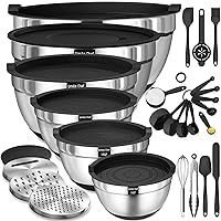 Mixing Bowls with Airtight Lids, 26Pcs Stainless Steel Bowls Set, 3 Grater Attachments & Black Non-Slip Bottoms Size 7, 4, 2.5, 2.0,1.5, 1QT, Great for Mixing & Serving