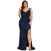 Ever-Pretty Women's Sequin V-Neck High Slit Glitter Plus Size Formal Evening Dresses for Curvy Women 01888-DA