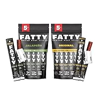 FATTY Variety Pack Meat Sticks, Gift For Him, Grass-Fed Beef, High Protein Snack, Low Carb, Gluten Free, MSG Free, Nitrate Free, 2 Ounce Original Flavor (5-pack), 2 Ounce Jalapeno Flavor (5-Pack)