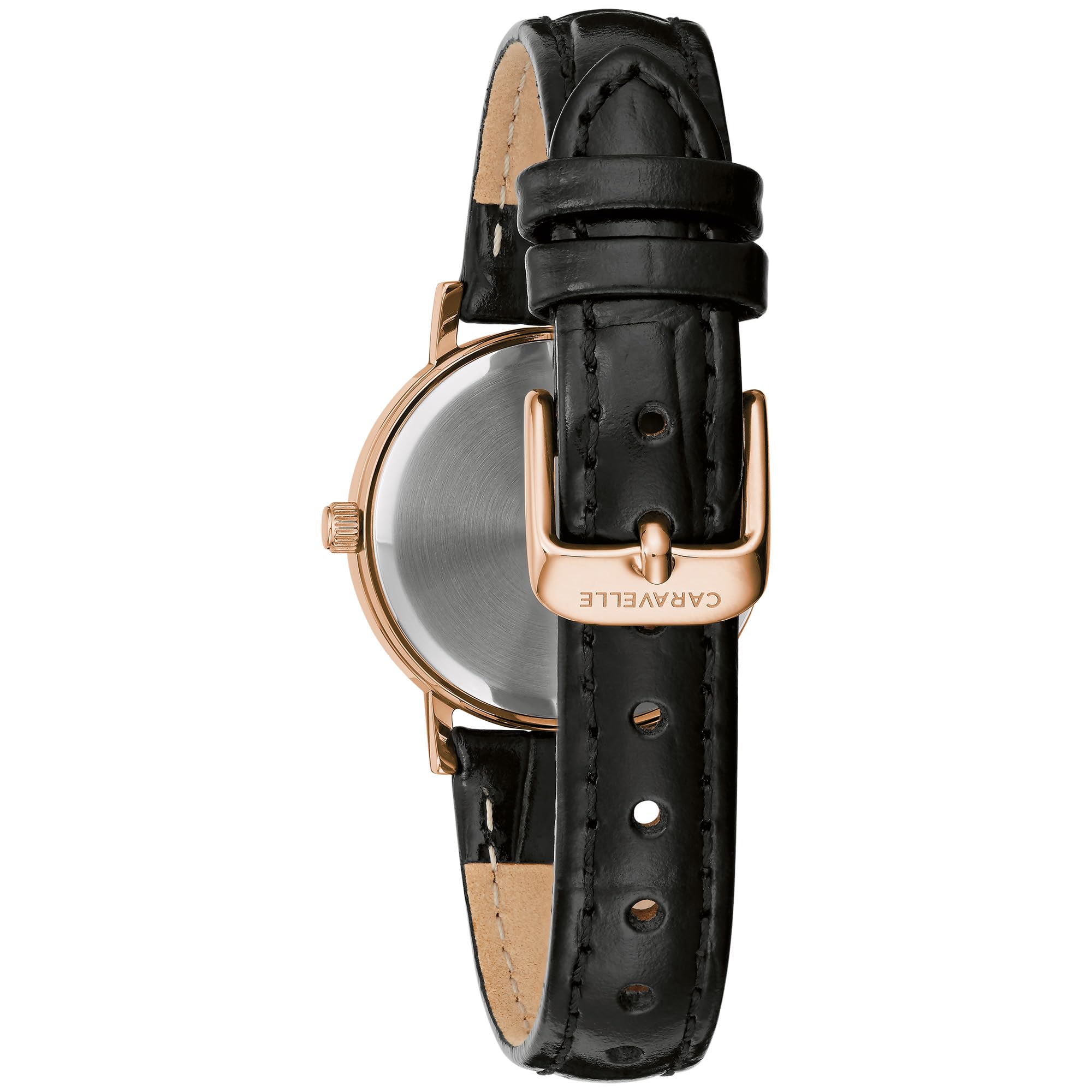 Caravelle by Bulova Ladies' Dress 3 Hand Quartz, Rose Gold Stainless Steel Case,Black Leather Strap, Black Dial Style:44L260