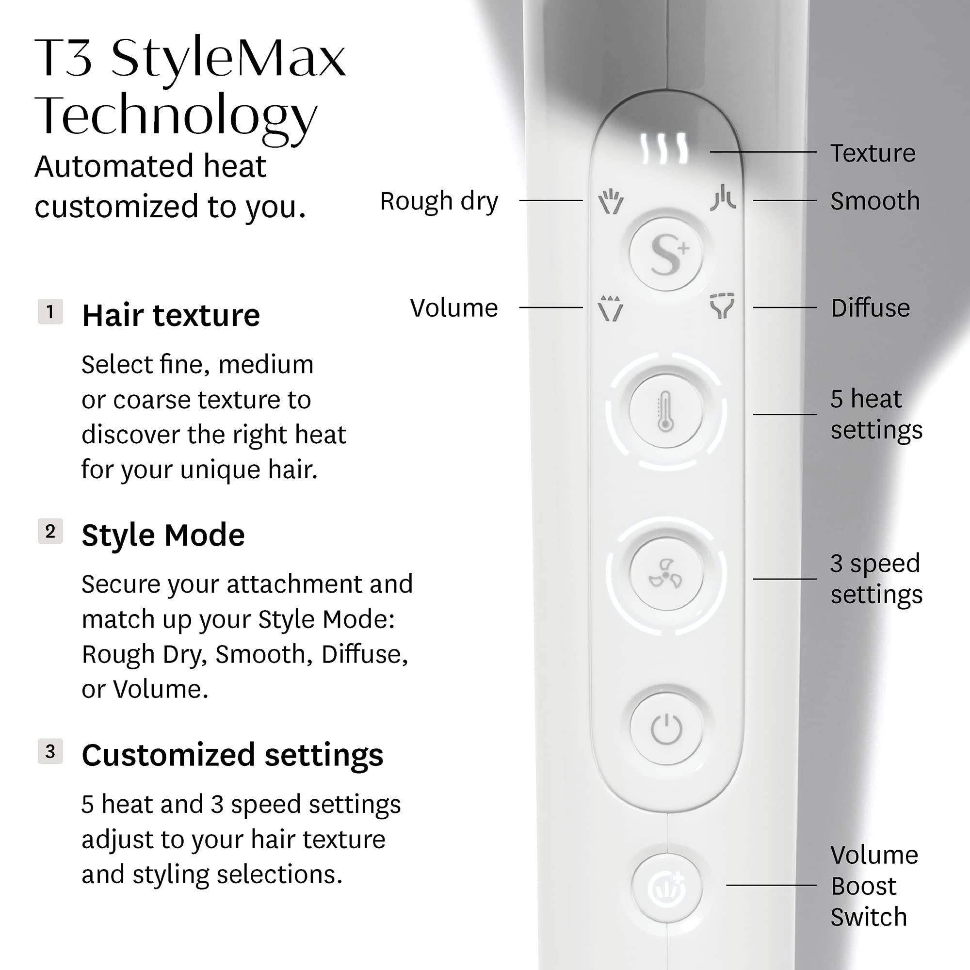 T3 Featherweight StyleMax Professional Ionic Hair Dryer with Custom Heat Automation & 4 Attachments,Fast Drying,Lightweight with 5 Heat & 3 Speed Settings,2 Concentrators,Diffuser & Smoothing Comb
