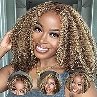 Bye Bye Knots 7X5 Pre Cut Lace Honey Blonde Highlight Jerry Curly Put on Go Glueless Lace Front Wig,Mixed Color Invisible Knots Human Hair Wigs Pre Plucked Hairline 150% Density 20 Inch