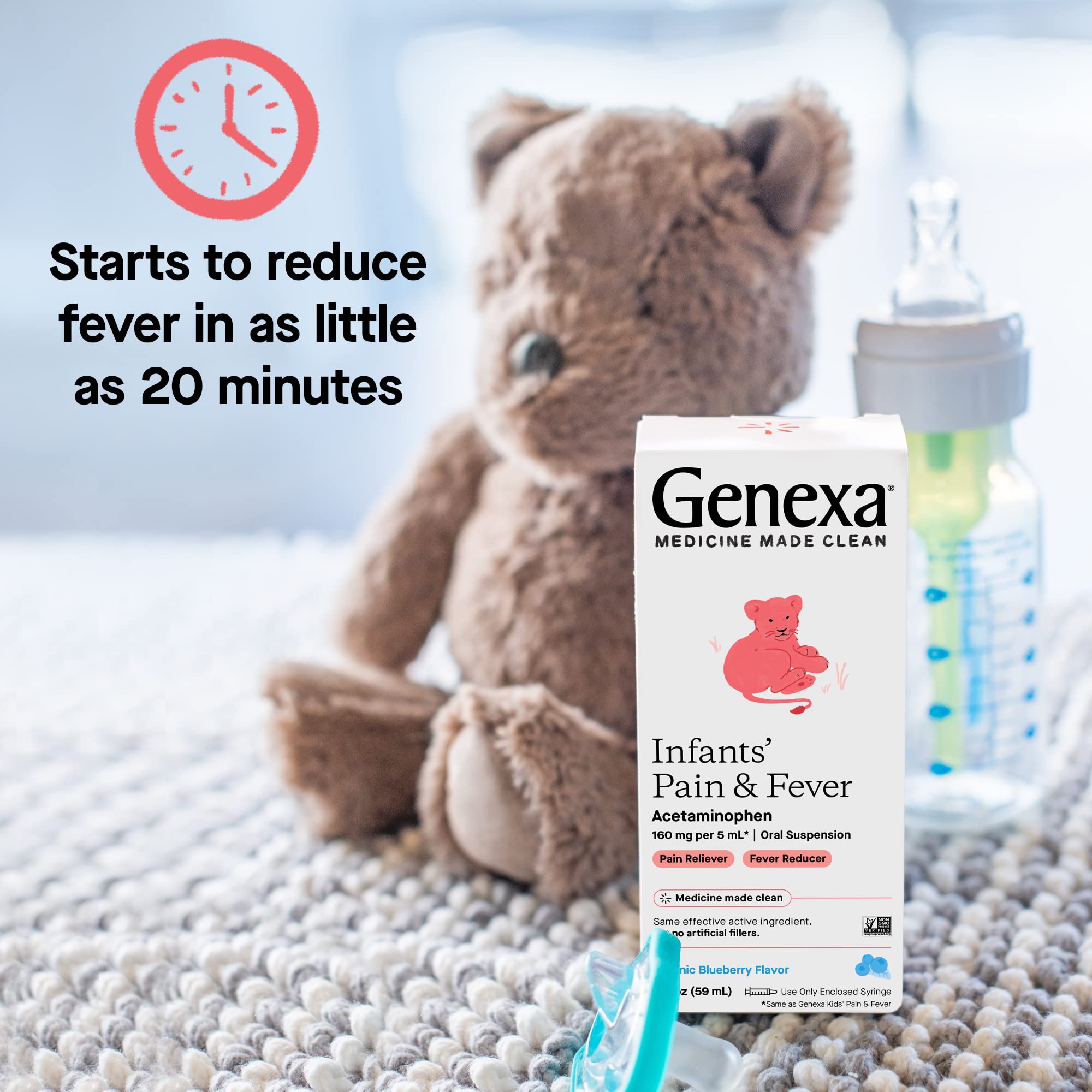 Genexa Infants’ Acetaminophen Oral Suspension | for Babies | Temporarily Relieves Pain and Fever Symptoms | 160 mg per 5 mL | Organic Blueberry Flavor | 2 Fluid Ounces