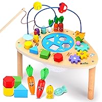 Activity Table for 1+ Year Old, 6 in 1 Wooden Montessori Toys with Fishing Game Bead Maze Shape Sorter Toy, Baby Sensory Toys Toddler Toys 1st Birthday Gifts for Girls Boys