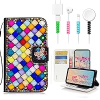 STENES Bling Wallet Phone Case Compatible with Samsung Galaxy Z Fold 3 5G Case - Stylish - 3D Handmade Square Lattice Bowknot Leather Cover with Cable Protector [4 Pack] - Deep Multicolor