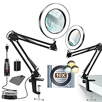 10X Magnifier Glass with Light, Adjustable Swing Arm Magnifying Glass Lamp 72 LEDs Real Glass Lens,3 Color Modes 10 Stepless Dimmable,Perfect for Daily Reading,Hobbies, Crafts,Workbench (Black)