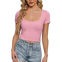 Summer Top Women Crop Tops for Women 2024 Sexy Simple Classic Casual Slim Fit with Short Sleeve Round Neck Summer Shirts Pink Small