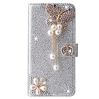XYX Wallet Case for Samsung Galaxy S23 FE 5G 6.4 inch, Bling Glitter Crown Butterfly Diamond Luxury Flip Card Slot Girl Women Phone Case Protection Cover, Silver