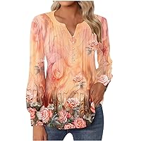 Womens Blouses Dressy Casual Floral Printed Tshirts Long Sleeve Cute Tops Floral Tunics Tops Pleated V Neck Tshirt