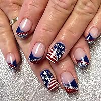 4th of July Press on Nails Short Square Fake Nails, Independence Day Acrylic Nails American Flag Element Star Stripe Glitter Design 4th of July Nail Art Decor, False Nails Stick on Nails Kit 24pcs