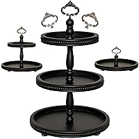 [3-in-1] Wooden Tiered Tray Stand - Large Beaded 3 Tiered Tray Decor Wood Cupcake Stand for Farmhouse Country Rustic Home - 3 Tier Stand with 3 Changeable Handles by Felt Creative Home Goods (Black)