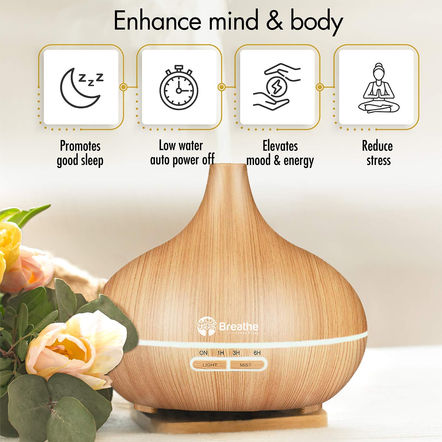 Breathe Essential Oil Diffuser | 550ml Diffusers for Essential Oils with Cleaning Kit & Measuring Cup, 18 Hour Runtime, 16 LED Light Settings & Auto Power Off (Natural Oak)