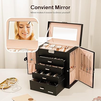 Homde Synthetic Leather Huge Jewelry Box Mirrored Watch Organizer Necklace Ring Earring Storage Lockable Gift Case (Black)