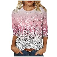 3/4 Sleeve Tops for Women, Women's Fashion Casual Three Quarter Sleeve Print Round Neck Pullover Top Blouse