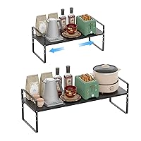 Redrubbit Large Expandable Cabinet Shelf Organizers, Stackable Kitchen Counter Shelves Spice Rack for Kitchen Bathroom Pantry Cupboard Desk Home Office, Black-2 Pack