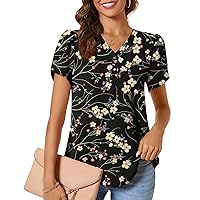 CATHY Womens Casual Summer Tops Dressy Petal Short Sleeve Chiffon Shirts Button Up V-Neck Tunic Blouses