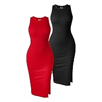 OQQ Women's 2 Piece Dress Sexy Ribbed Halter Neck Fashion Split Tank Tops Dresses