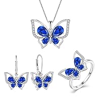YL Butterfly Jewelry Set 925 Sterling Silver Ring Created Sapphire Statement Earrings Necklace for Women-Size9