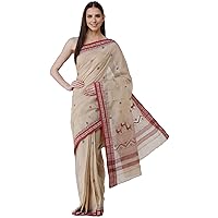 Warm-Sand Handloom Tangail Sari from Bengal with Woven Bord - Beige