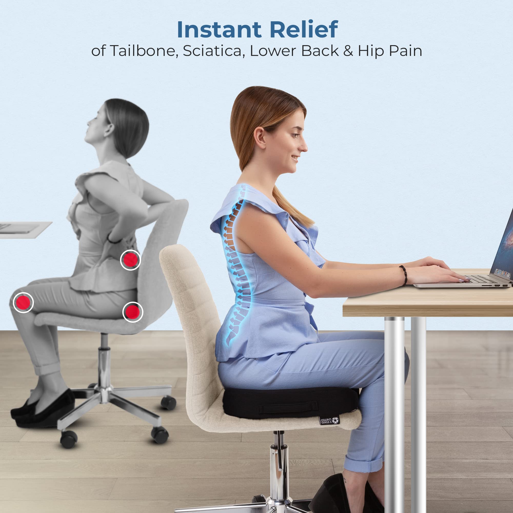 Seat Cushion for Desk Chair - Tailbone, Coccyx Sciatica Pain Relief - Office Chair Cushions - Wheelchair Cushions - Car Seat Cushions - Pressure Relief Lifting Cushions