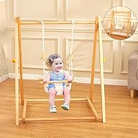 FUNLIO Wooden Swing Set for Toddlers 6-36 Months, Foldable Baby Swing Set with Durable Pine & Velcro, Portable Toddler Swing with 4 Sandbags & Extension Straps, Kid Swing for Indoor/Outdoor/Backyard