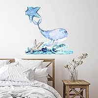 Ocean Beach Nautical Theme Underwater Whale Shark Nursery Wall Decoration Wall Art Stickers Lifesaver Buoy Anchor Tree Plants Removable Wall Stickers for Playroom Kids Room Kitchen Mirrors Vinyl 28in