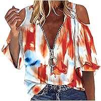 Ladies Tshirts Vneck High Mock Neck Tee Tops for Women Cuff Short Half Sleeve Tie Dye Striped Tee Shirt