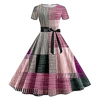 Beach Dresses for Women,Women Print Round Neck Short Sleeve 1950s Evening Party Prom Dress Women Maxi Dresses w