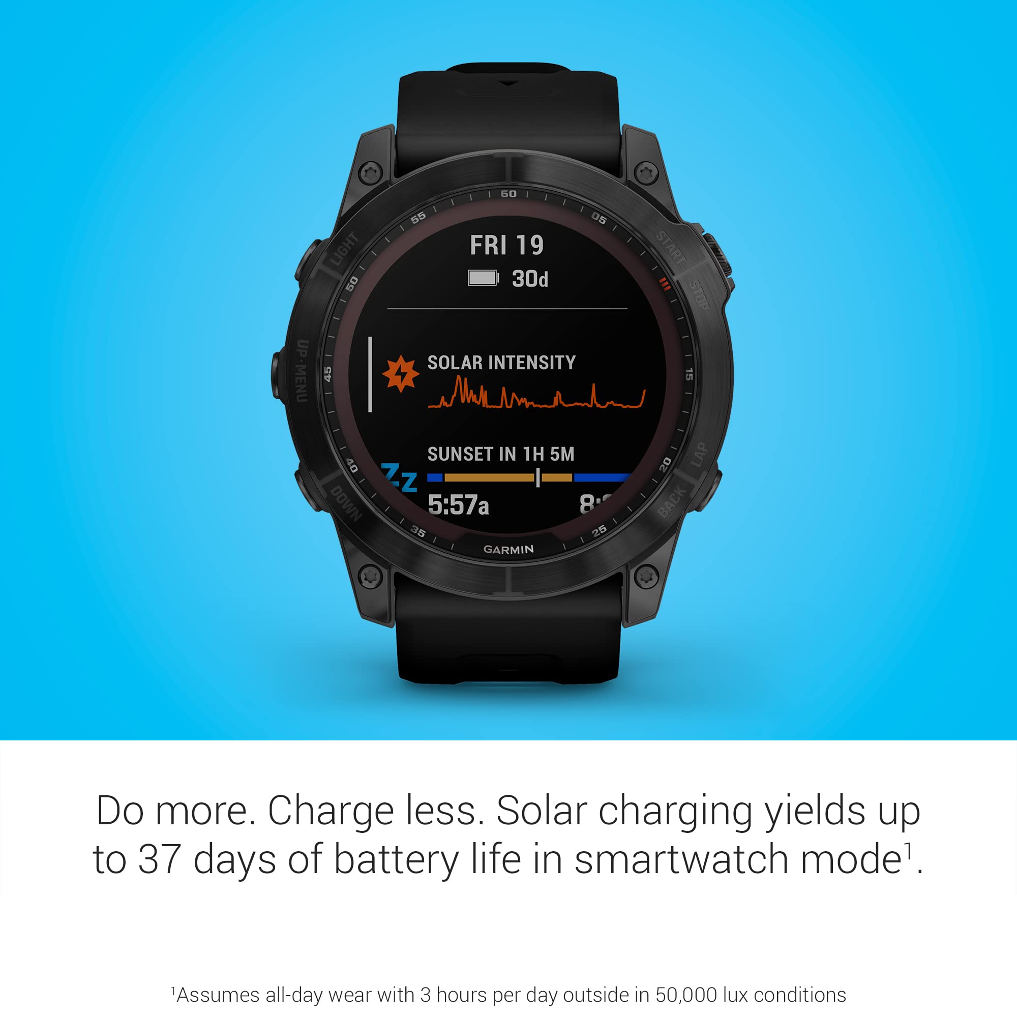 Garmin 010-02541-10 fenix 7X Sapphire Solar,Larger adventure smartwatch, Solar Charging Capabilities, rugged outdoor GPS watch, touchscreen, wellness features, Carbon Gray DLC Titanium with Black Band