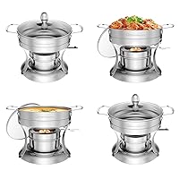 1QT Chafing Dish Buffet Set 4 Pack, Individual Single Shabu Hot Pot, Stainless Steel, Glass Lid, Mini Round Chafing Dishes for Buffet for Dinner, Parties, Wedding, Camping, Events