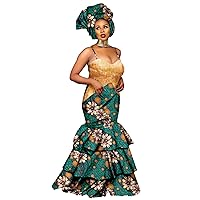 2022 African Dresses for Women, V-Neck, Cotton, Print Ruffles Floor-Length Dress with Turban Headwrap for Wedding/Party