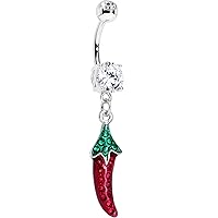 Body Candy Stainless Steel Clear Green Red Accent Caliente Hot Pepper Dangle Belly Ring