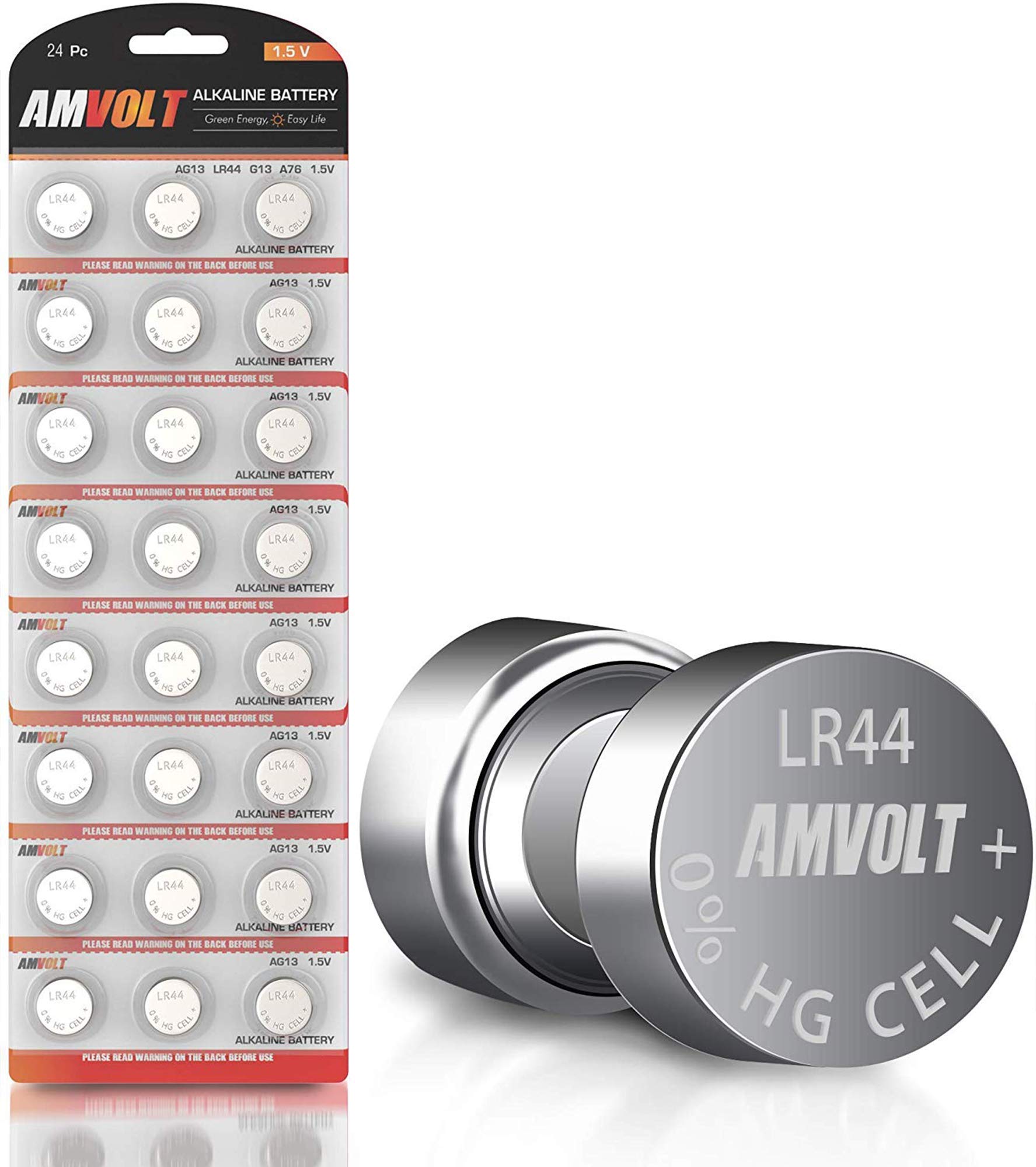 AmVolt- Pack of 24 LR44 Batteries AG13 SR44 357 303 Premium Alkaline Non Rechargeable Button Battery, 1.5 Volt Small Batteries for Watches Clocks & Electronic Devices